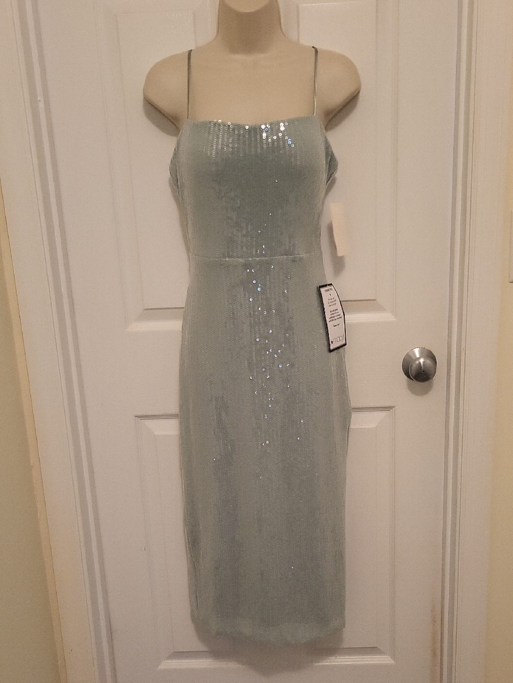 Pale Mint Sequin Midi Slip Dress with Spaghetti Straps Or Strapless